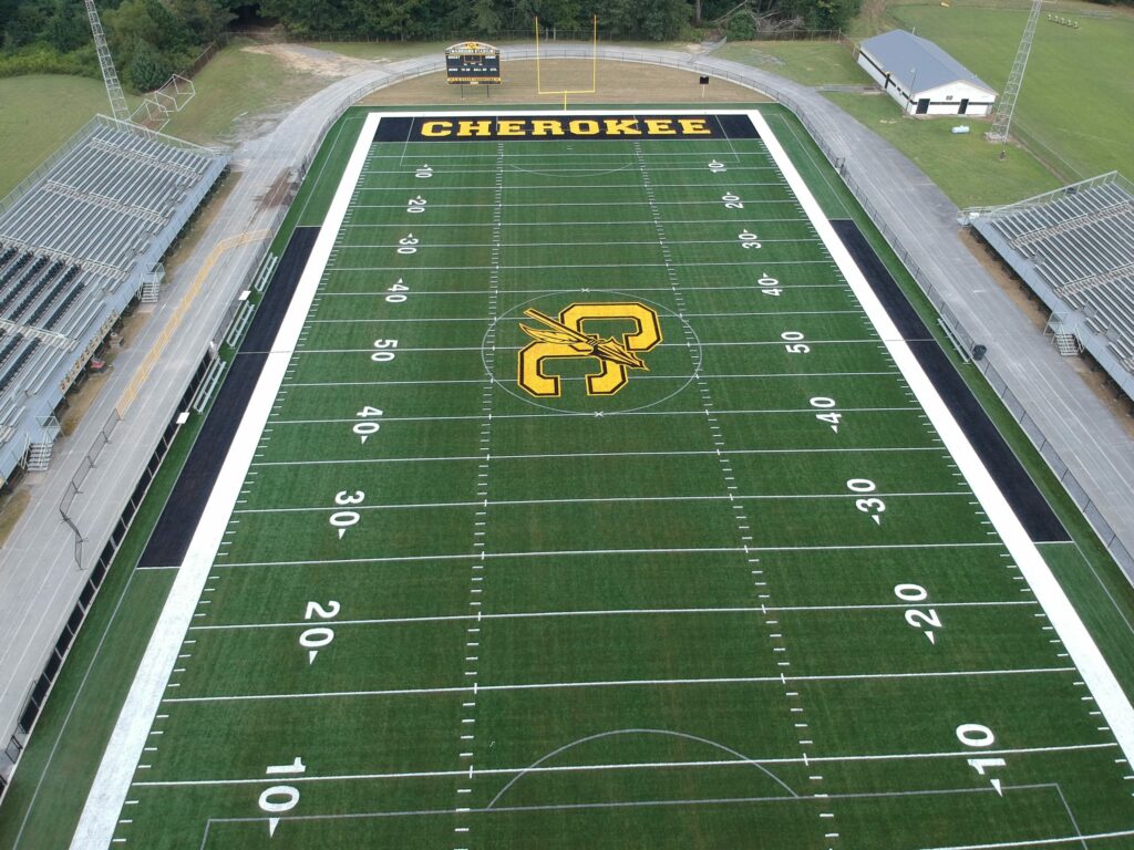 Aerial view of a finished Sprinturf football field